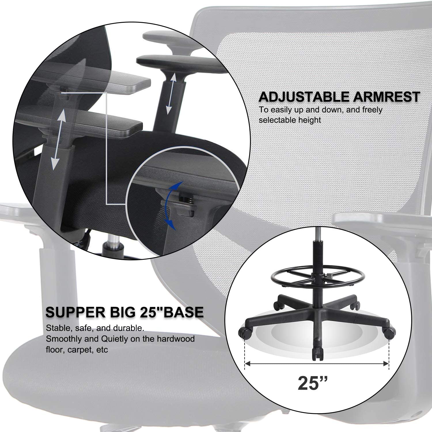 Drafting Chair Tall Office Chair for Standing Desk Drafting Mesh Table Chair with Adjustable Armrest and Foot Ring