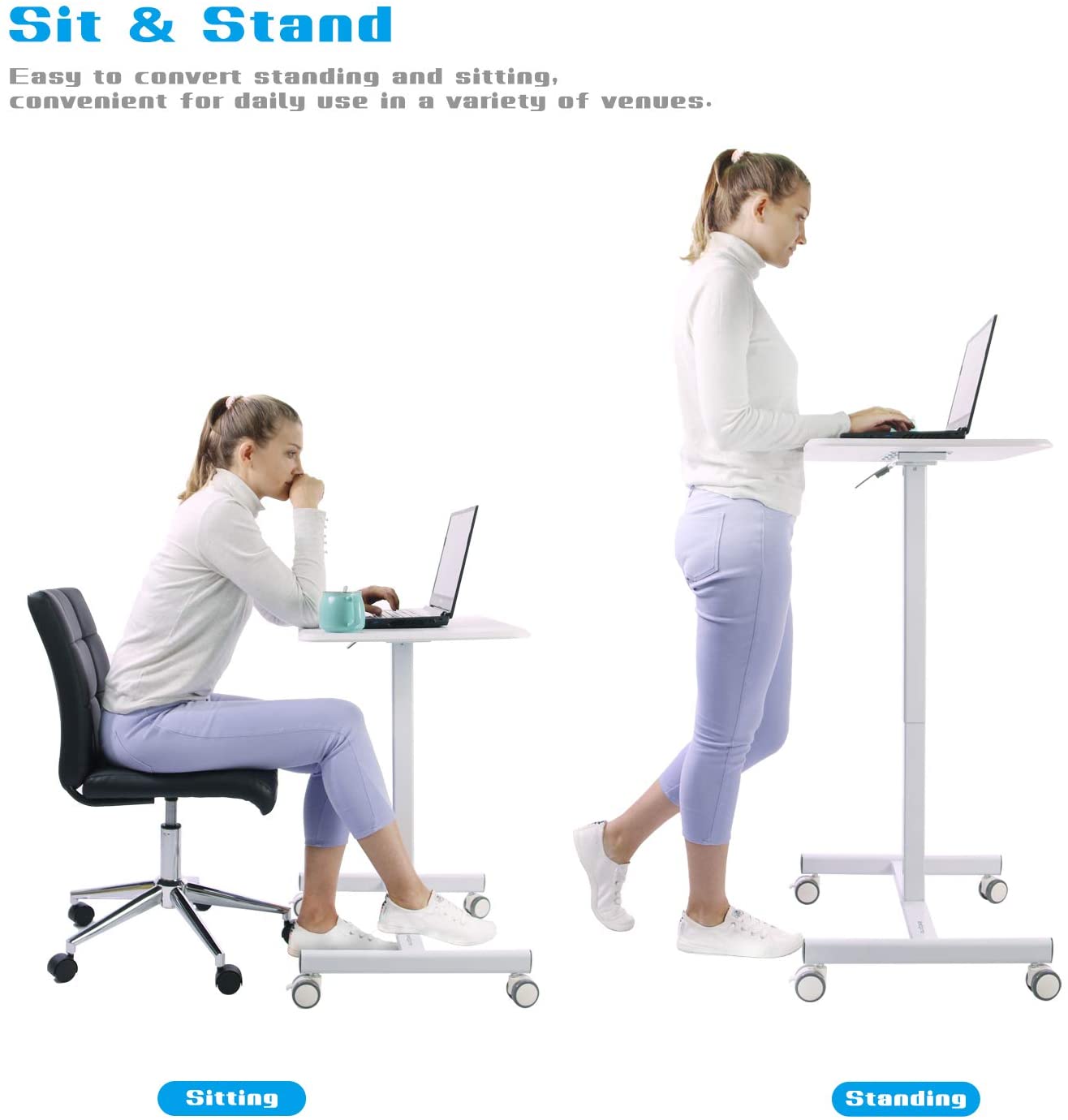 Mobile Sit-Stand Desk Adjustable Height Laptop Desk Cart Ergonomic Table Small Standing Desk with Pneumatic Height Adjustments, Black,White