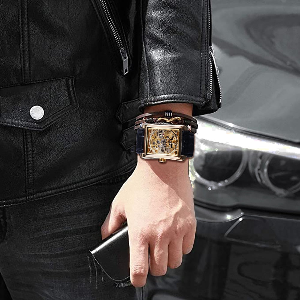 Winner 2017 Retro Casual Series Rectangle Dial Design Golden Pattern Hollow Skeleton Watch Men Watch Top Brand Luxury Mechanical