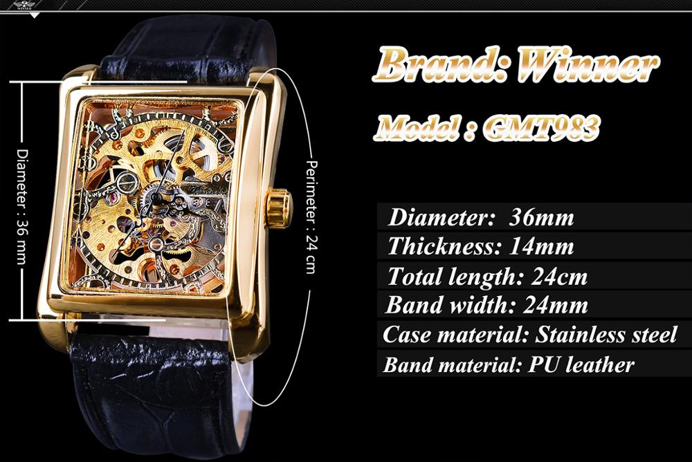 Winner 2017 Retro Casual Series Rectangle Dial Design Golden Pattern Hollow Skeleton Watch Men Watch Top Brand Luxury Mechanical