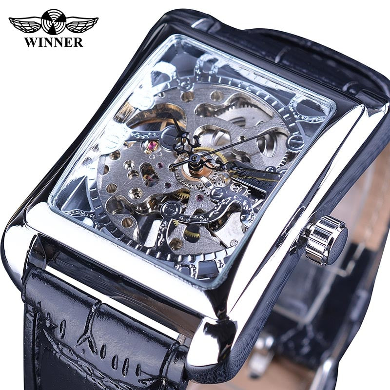 Winner 2017 Retro Casual Series Rectangle Dial Design Golden Pattern Hollow Skeleton Watch Men Watch Top Brand Luxury Mechanical