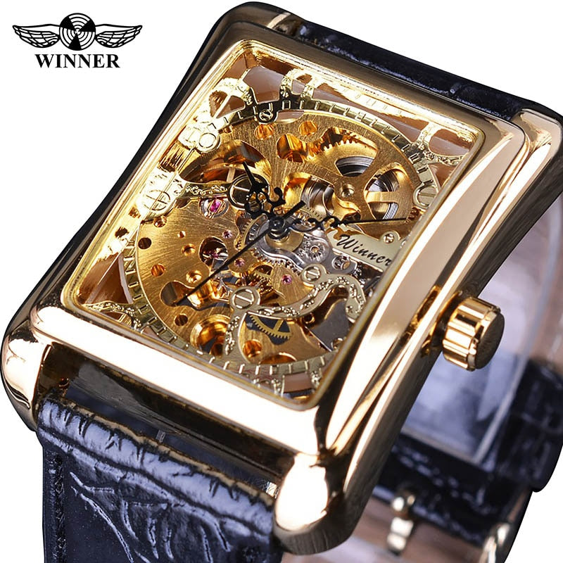 Winner 2017 Retro Casual Series Rectangle Dial Design Golden Pattern Hollow Skeleton Watch Men Watch Top Brand Luxury Mechanical