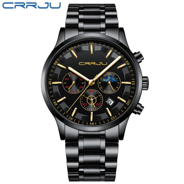 CRRJU Mens Watches Top Brand Luxury Fashion Business Quartz Watch Men Sport Full Steel Waterproof Black Clock Relogio Masculino