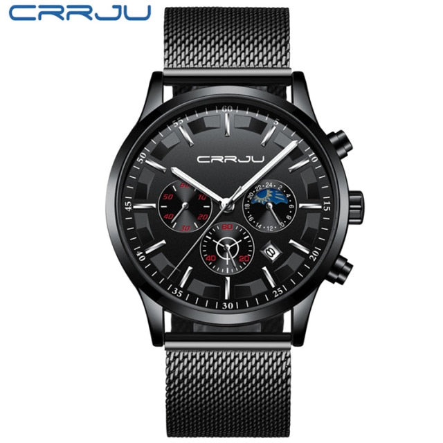 CRRJU Mens Watches Top Brand Luxury Fashion Business Quartz Watch Men Sport Full Steel Waterproof Black Clock Relogio Masculino