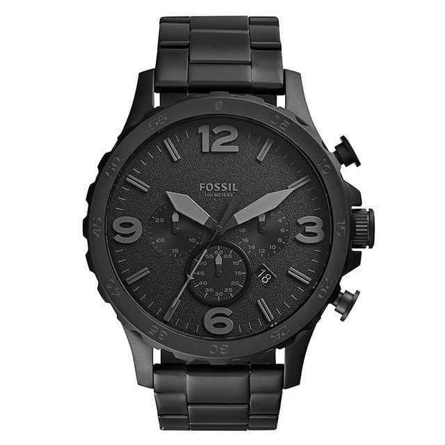 Fossil Men Watch Nate Chronograph Black Stainless Steel Watch Black Dial Quartz Metal Casual Watch JR1401