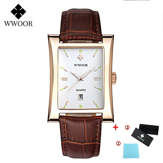 Luxury Men's Square Watches Top Brand WWOOR Business Sport Quartz Clock Man Leather Waterproof Date Wristwatch Relogio Masculino