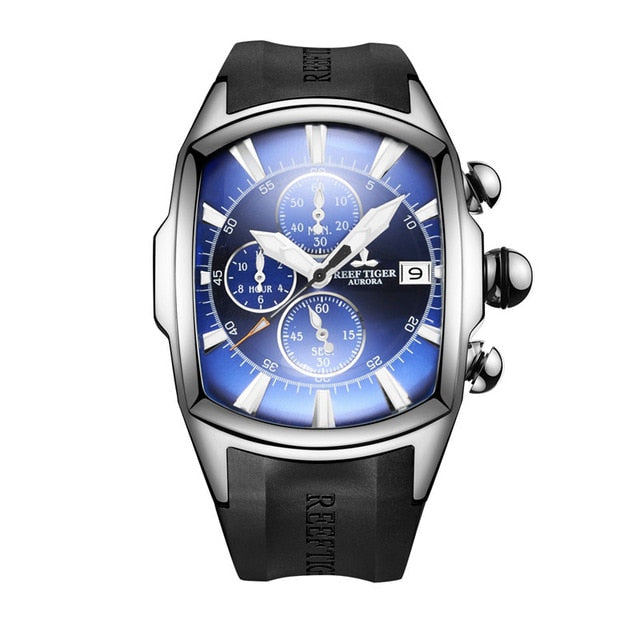 Reef Tiger/RT Big Sport Watches with Date Rubber Strap Steel Blue Dial Mens Watch Chronograph Waterproof Watches RGA3069-T