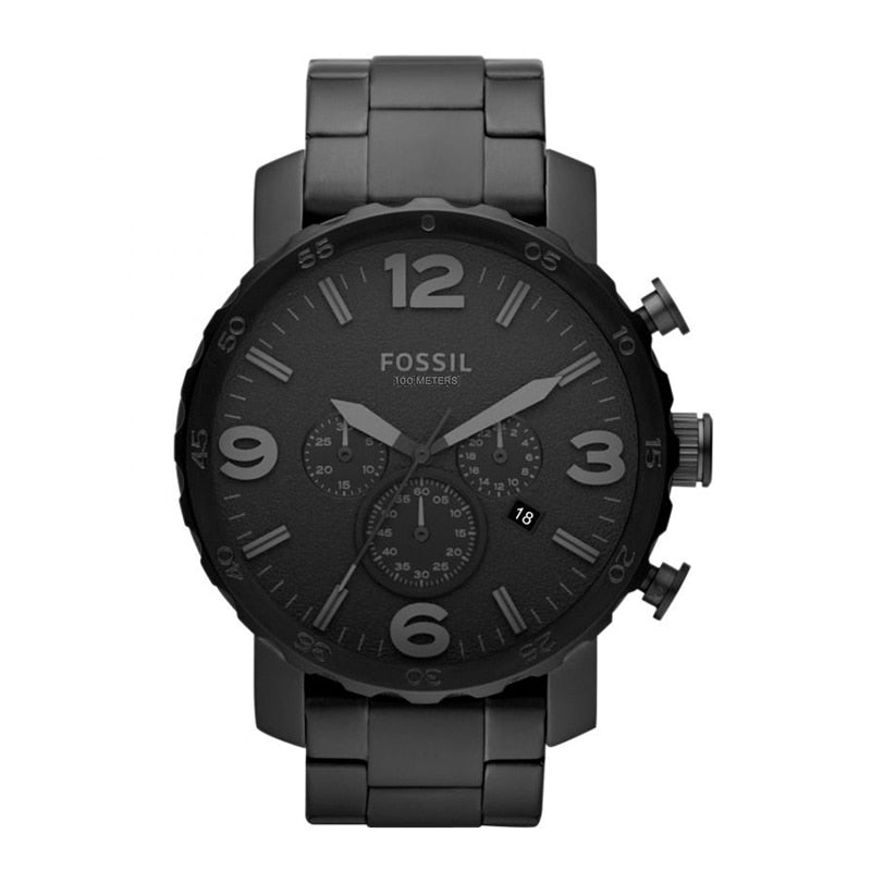 Fossil Men Watch Nate Chronograph Black Stainless Steel Watch Black Dial Quartz Metal Casual Watch JR1401