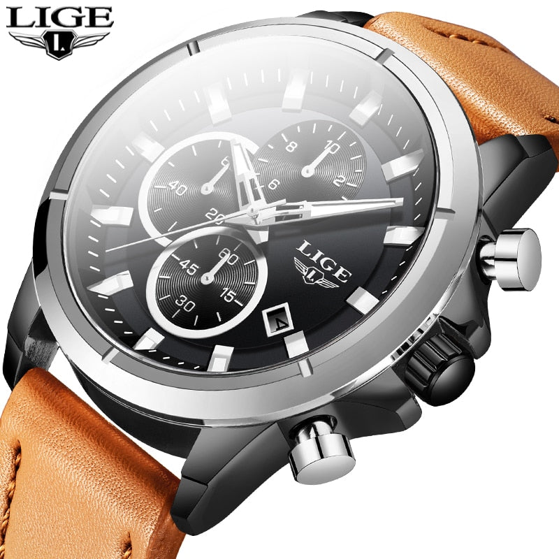 LIGE New Waterproof Chronograph 2020 Business Mens Watches Top brand Luxury Quartz Clock Male Casual Leather Gold Watch Men