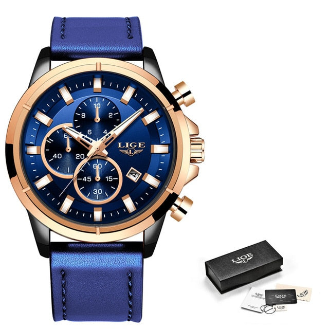 LIGE New Waterproof Chronograph 2020 Business Mens Watches Top brand Luxury Quartz Clock Male Casual Leather Gold Watch Men