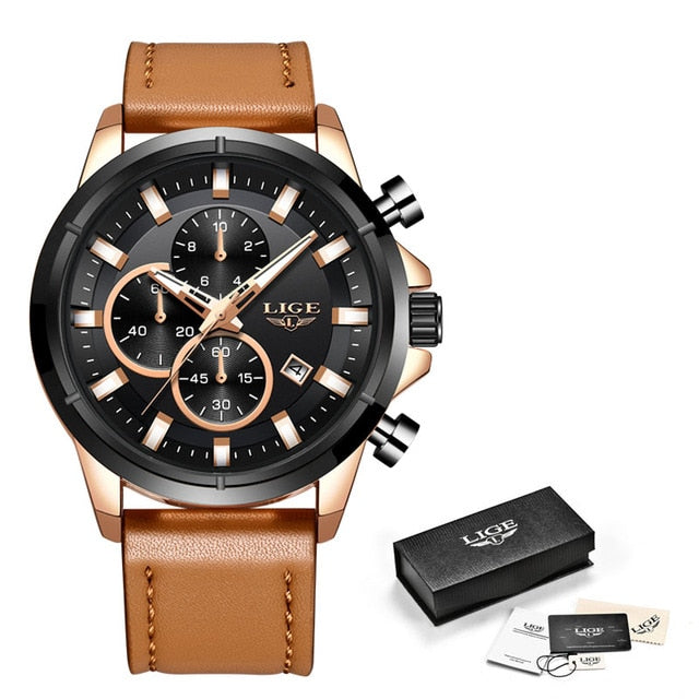 LIGE New Waterproof Chronograph 2020 Business Mens Watches Top brand Luxury Quartz Clock Male Casual Leather Gold Watch Men