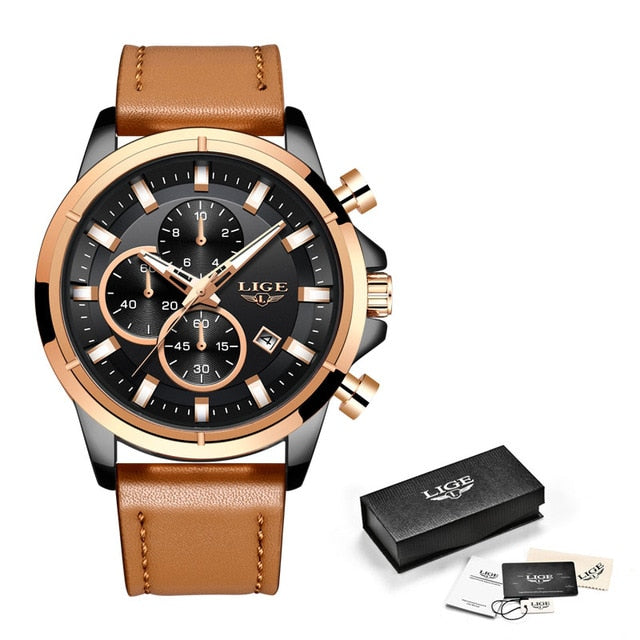 LIGE New Waterproof Chronograph 2020 Business Mens Watches Top brand Luxury Quartz Clock Male Casual Leather Gold Watch Men