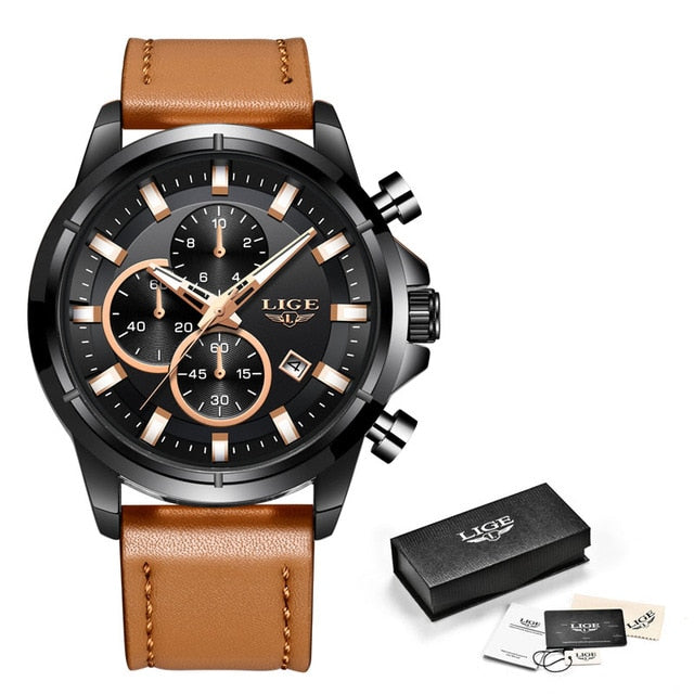 LIGE New Waterproof Chronograph 2020 Business Mens Watches Top brand Luxury Quartz Clock Male Casual Leather Gold Watch Men