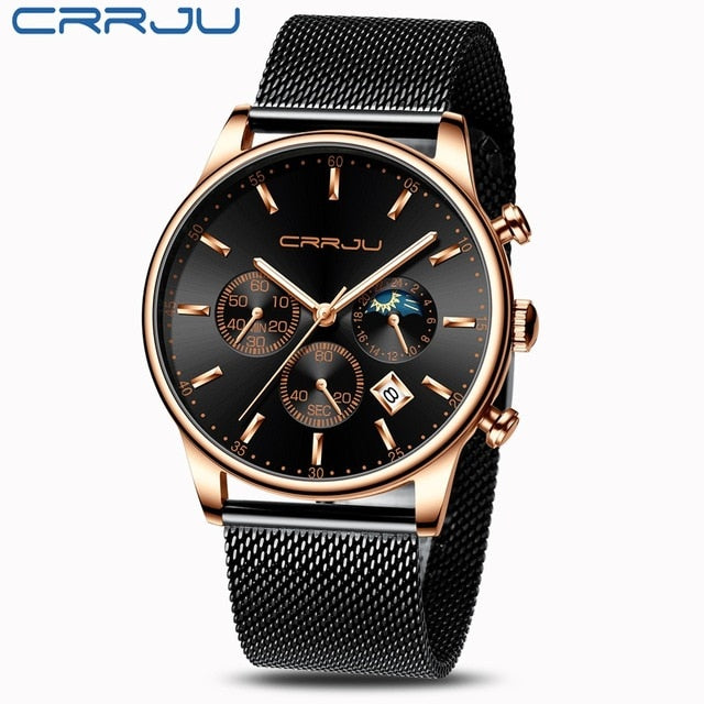 2020 New CRRJU Casual Mesh Belt Fashion Chronograph Quartz Gold Watch Top Brand Luxury Waterproof Date Clock Relogio Masculino