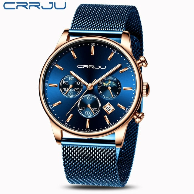 2020 New CRRJU Casual Mesh Belt Fashion Chronograph Quartz Gold Watch Top Brand Luxury Waterproof Date Clock Relogio Masculino