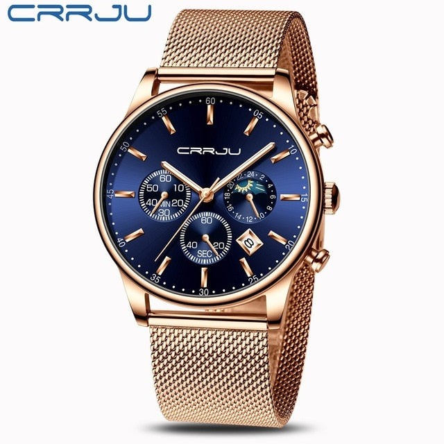 2020 New CRRJU Casual Mesh Belt Fashion Chronograph Quartz Gold Watch Top Brand Luxury Waterproof Date Clock Relogio Masculino