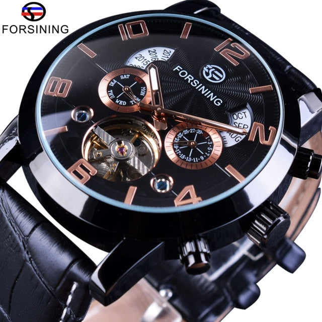 Forsining Tourbillion Fashion Wave Black Golden Clock Multi Function Display Mens Automatic Mechanical Watches Top Brand Luxury