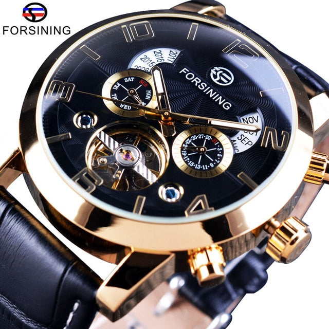 Forsining Tourbillion Fashion Wave Black Golden Clock Multi Function Display Mens Automatic Mechanical Watches Top Brand Luxury