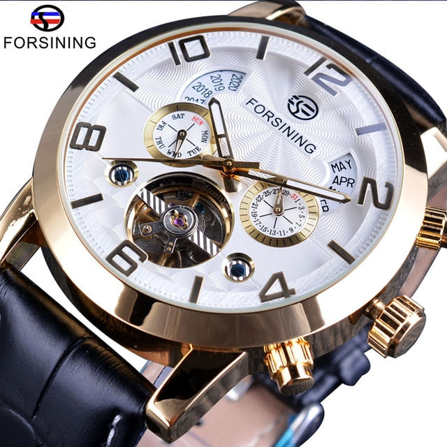 Forsining Tourbillion Fashion Wave Black Golden Clock Multi Function Display Mens Automatic Mechanical Watches Top Brand Luxury