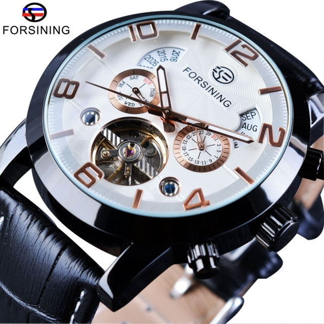 Forsining Tourbillion Fashion Wave Black Golden Clock Multi Function Display Mens Automatic Mechanical Watches Top Brand Luxury