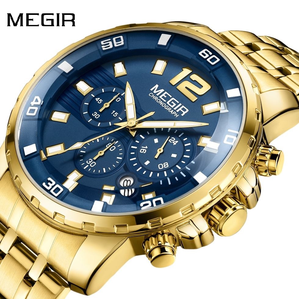 Megir Men's Gold Stainless Steel Quartz Watches Business Chronograph Analgue Wristwatch for Man Waterproof Luminous 2068GGD-2N3