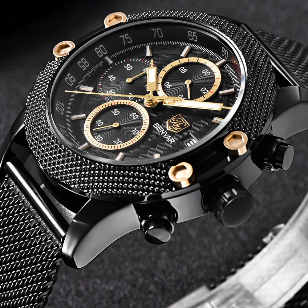 BENYAR Sport Chronograph Fashion Watches Men Mesh & Rubber Band Waterproof Luxury Brand Quartz Watch Gold Saat dropshipping