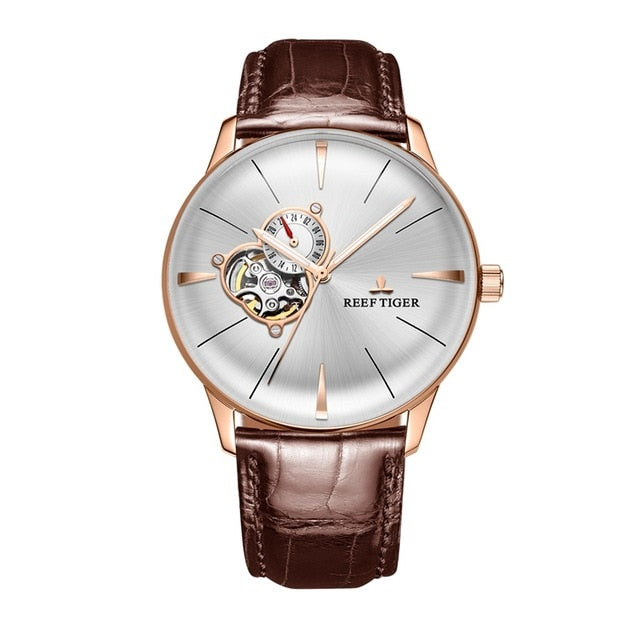 New Reef Tiger/RT Luxury Rose Gold Watch Men's Automatic Mechanical Watches Tourbillon Watches with Brown Leather Strap RGA8239