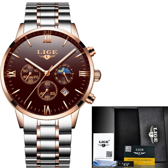 LIGE Mens Watches Top Brand Quartz movement Luxury business Gold watch Military sport waterproof Wrist watch Relogio Masculino