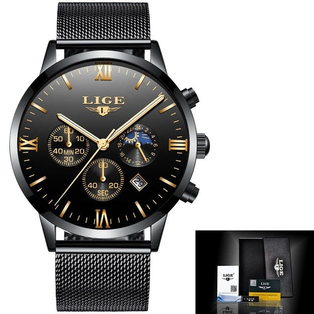 LIGE Mens Watches Top Brand Quartz movement Luxury business Gold watch Military sport waterproof Wrist watch Relogio Masculino