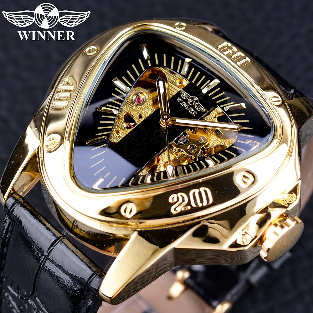 Winner Steampunk Fashion Triangle Golden Skeleton Movement Mysterious Men Automatic Mechanical Wrist Watches Top Brand Luxury