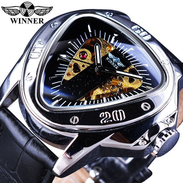 Winner Steampunk Fashion Triangle Golden Skeleton Movement Mysterious Men Automatic Mechanical Wrist Watches Top Brand Luxury