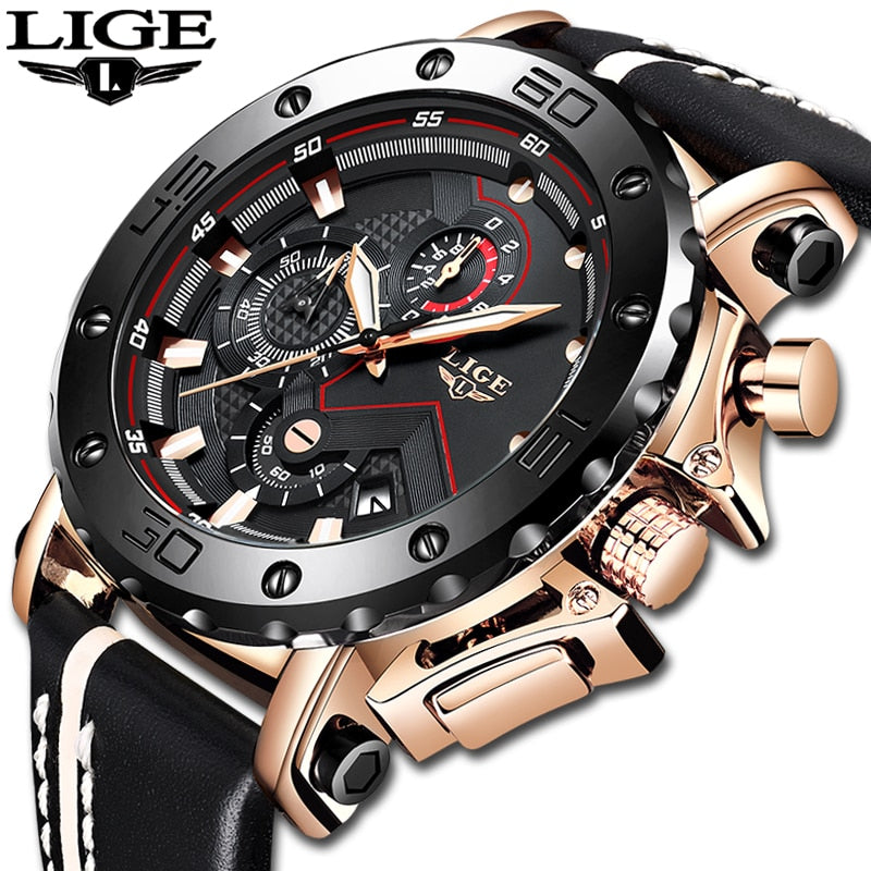 2020LIGE New Fashion Mens Watches Top Brand Luxury Big Dial Military Quartz Watch Leather Waterproof Sport Chronograph Watch Men