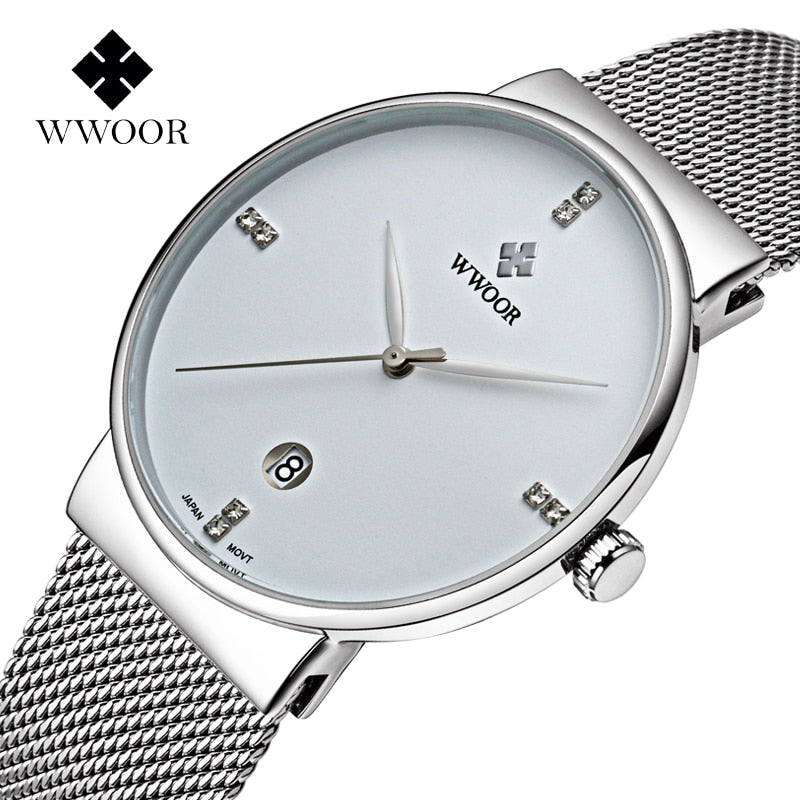 WWOOR 2020 Luxury Diamond Wrist Watches Mens Fashion Ultra-thin Steel Mesh Men Watch Business Quartz Date Male Clock Waterproof