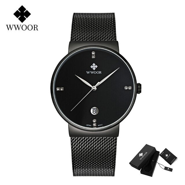 WWOOR 2020 Luxury Diamond Wrist Watches Mens Fashion Ultra-thin Steel Mesh Men Watch Business Quartz Date Male Clock Waterproof