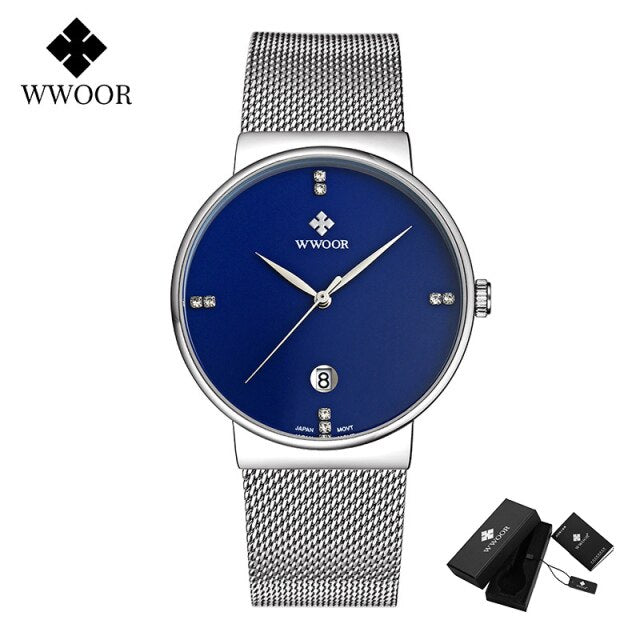 WWOOR 2020 Luxury Diamond Wrist Watches Mens Fashion Ultra-thin Steel Mesh Men Watch Business Quartz Date Male Clock Waterproof