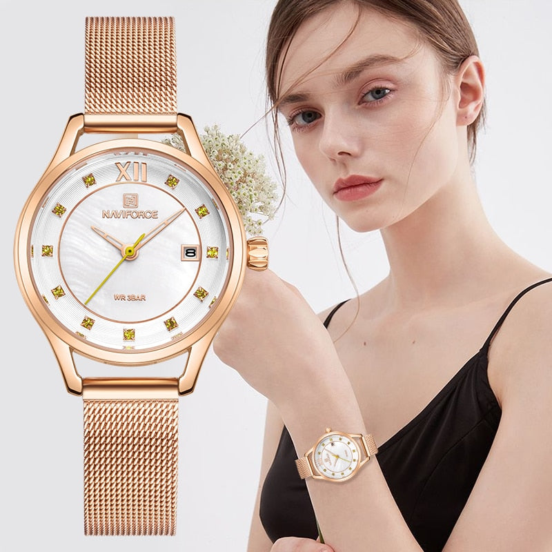 NAVIFORCE Luxury Ladies Watch Women Waterproof Rose Gold Steel Mesh Strap Women’s Watches Top Brand Date Bracelet Girl Clock