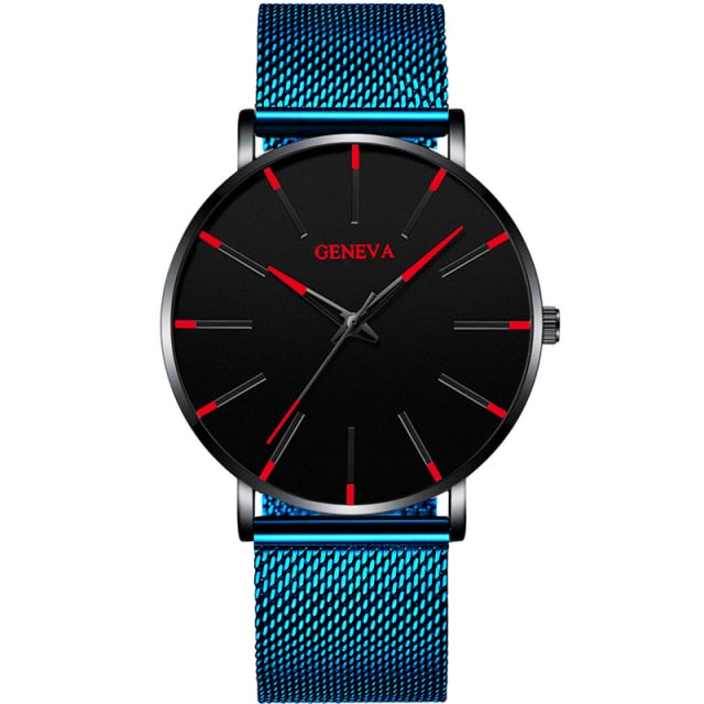 2021 Geneva Minimalist Watch Men Ultra Thin Blue Stainless Steel Mesh Belt Watches Man Business Casual Quartz Wrist Watch