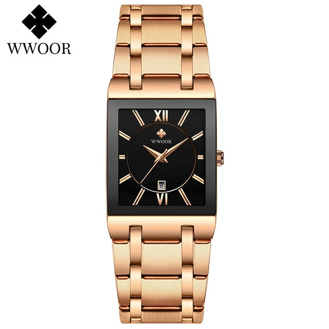 WWOOR Brand Luxury Gold Bracelet Men's Watches Fashion Square Quartz Wrist Watch For Men Stainless Steel Waterproof Reloj Hombre