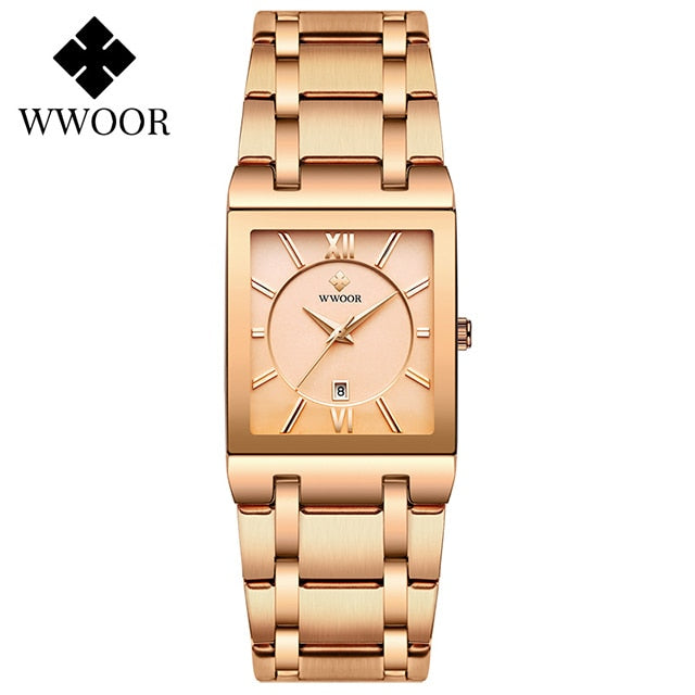 WWOOR Brand Luxury Gold Bracelet Men's Watches Fashion Square Quartz Wrist Watch For Men Stainless Steel Waterproof Reloj Hombre