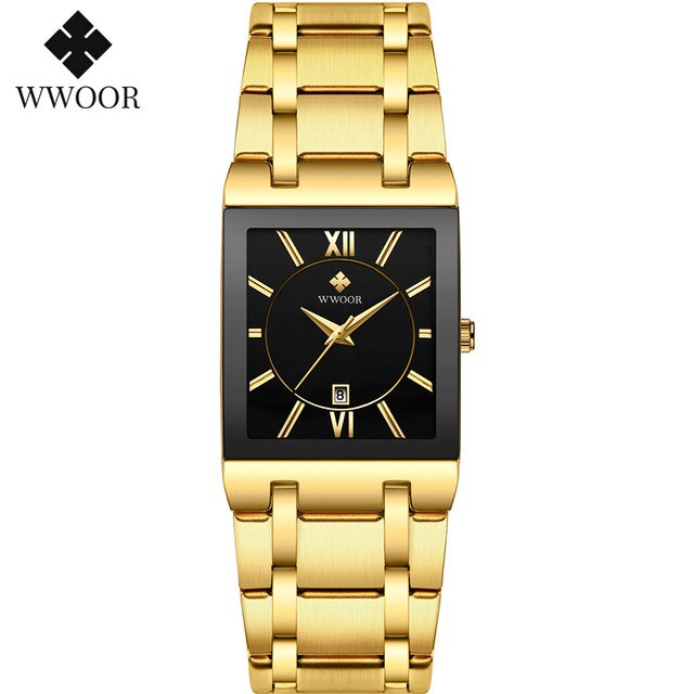 WWOOR Brand Luxury Gold Bracelet Men's Watches Fashion Square Quartz Wrist Watch For Men Stainless Steel Waterproof Reloj Hombre