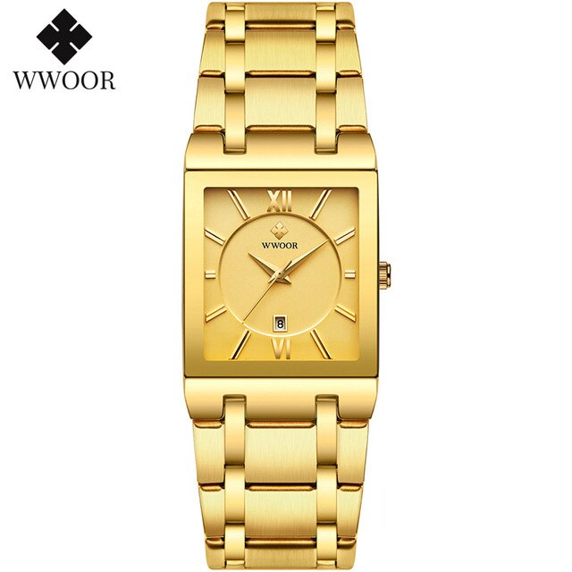 WWOOR Brand Luxury Gold Bracelet Men's Watches Fashion Square Quartz Wrist Watch For Men Stainless Steel Waterproof Reloj Hombre