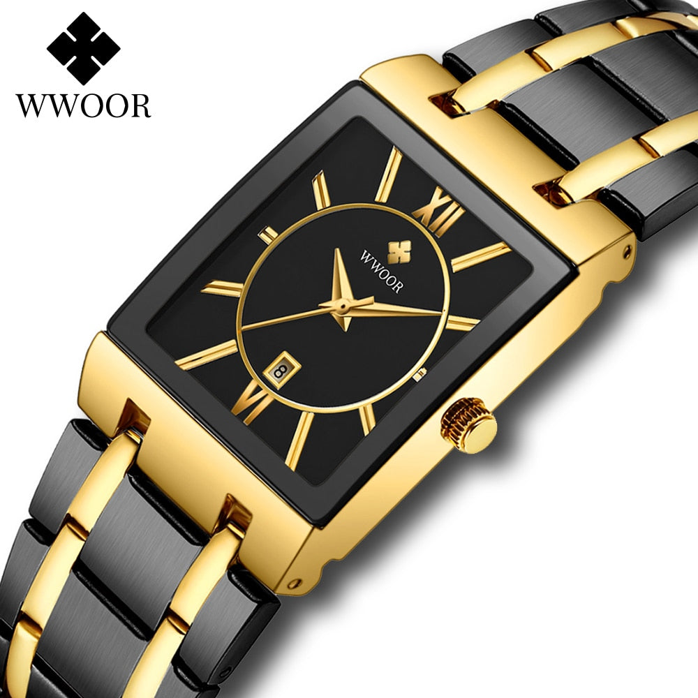 WWOOR Brand Luxury Gold Bracelet Men's Watches Fashion Square Quartz Wrist Watch For Men Stainless Steel Waterproof Reloj Hombre