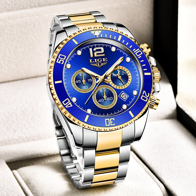 LIGE Watches Mens Top Brand Luxury Clock Casual Stainless Steel Hour Luminous Men Watch Waterproof Sports Quartz Chronograph+Box