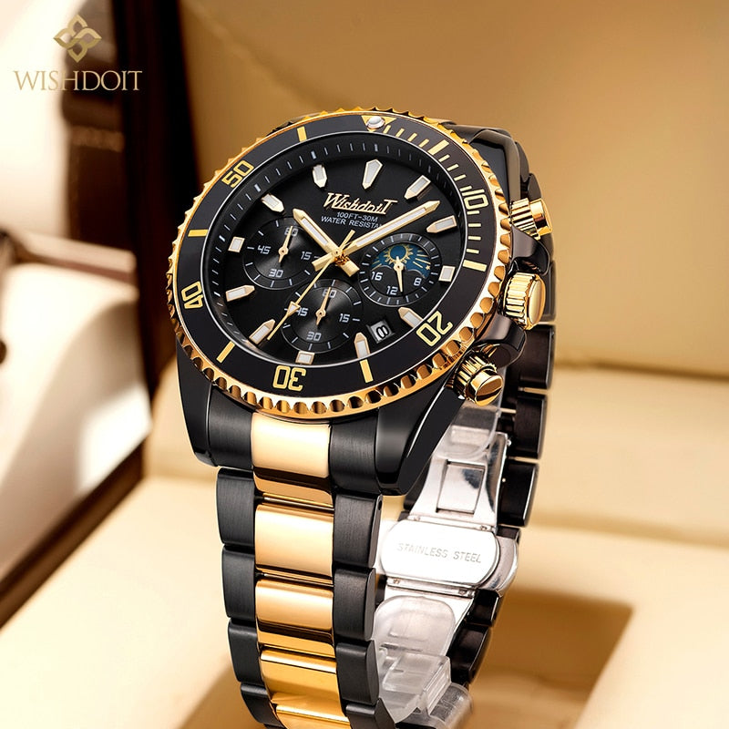 WISHDOIT New Men's Sports Watch Top Brand Luxury Stainless Steel Gold Watch Waterproof Casual Quartz Men's Watch