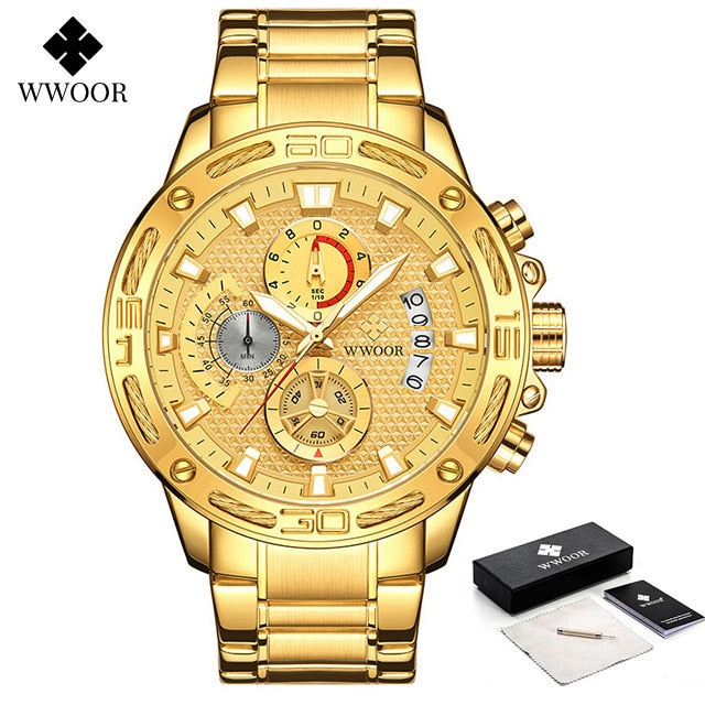 WWOOR 2021 New Men Watches Top Brand Luxury Gold Stainless Steel Quartz Watch Men Waterproof Sport Chronograph Relogio Masculino