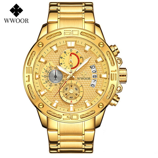 WWOOR 2021 New Men Watches Top Brand Luxury Gold Stainless Steel Quartz Watch Men Waterproof Sport Chronograph Relogio Masculino