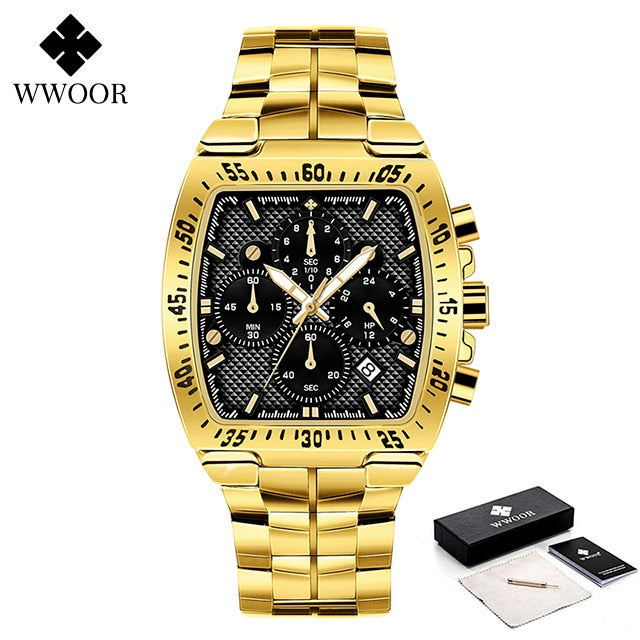 WWOOR Men Chronograph Sport Watches For Men Fashion Square Top Brand Luxury Stainless Steel Waterproof Quartz Watch reloj hombre