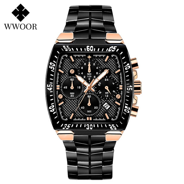 WWOOR Men Chronograph Sport Watches For Men Fashion Square Top Brand Luxury Stainless Steel Waterproof Quartz Watch reloj hombre