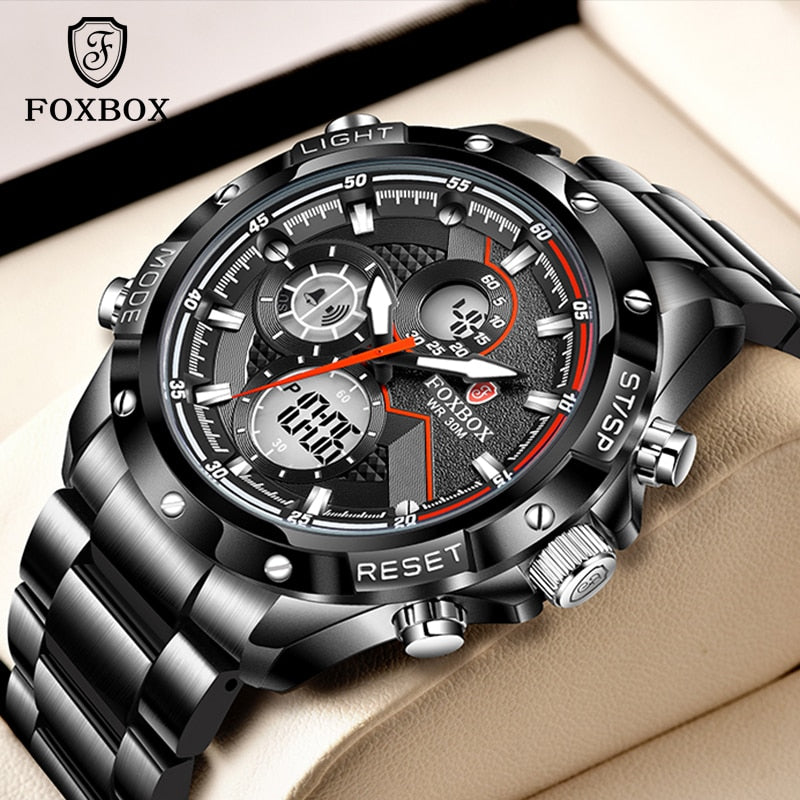 2021 FOXBOX Men Watch Top Brand Luxury Dual Display Stainless Steel Sport Wristwatch For Men Waterproof Luminous Quartz Clock