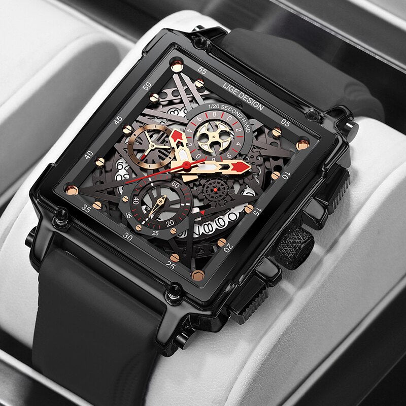 2021 New Men Watch LIGE Top Brand Luxury Waterproof Quartz Square Wristwatche For Men Date Sport Hollow Clock Male Zegarek Meski